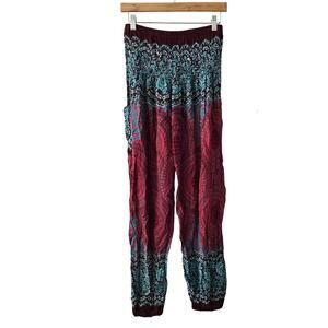 Banjamath Scarlet Red Turquoise Paisley Haram Pants Elastic Waist Ankle Size XL